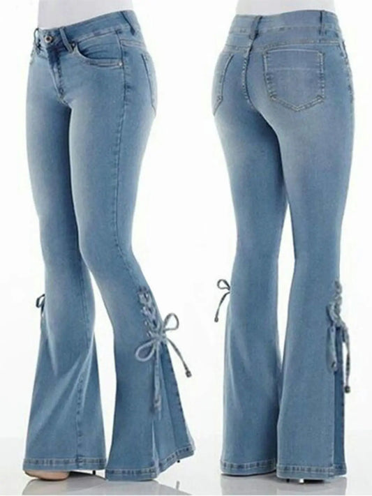 Fashion High Waist Flared Jeans Women Bow Boot Cut Casual Lady Lace Up Trousers Cowgirl Vintage Blue Bell Bottom Denim Pants Y2k