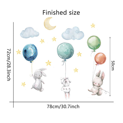 Cute Lovely Flying Rabbits Wall Stickers Balloons Moon Star Cloud Removable Decal for Kids Nursery Baby Room Decor Poster Mural