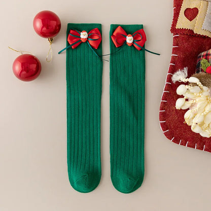 Baby Girls Christmas Socks Autumn Winter 2024 New Kids Cute Red Green 3D Bowknot Appliques Xmas Long Socks Fashion Children