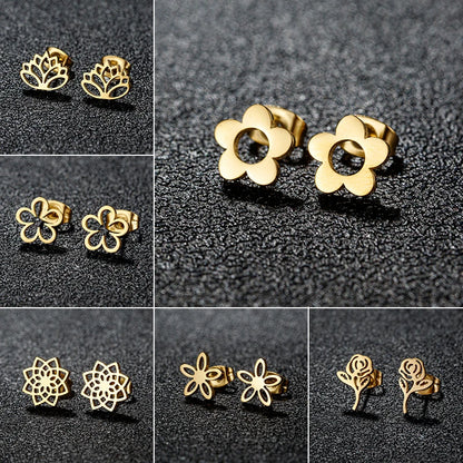 Multiple Stainless Steel Flower Stud Earrings Women Korean Daisy Mandala Rose Lotus Earings Piercing Jewelry Plant Oorbellen