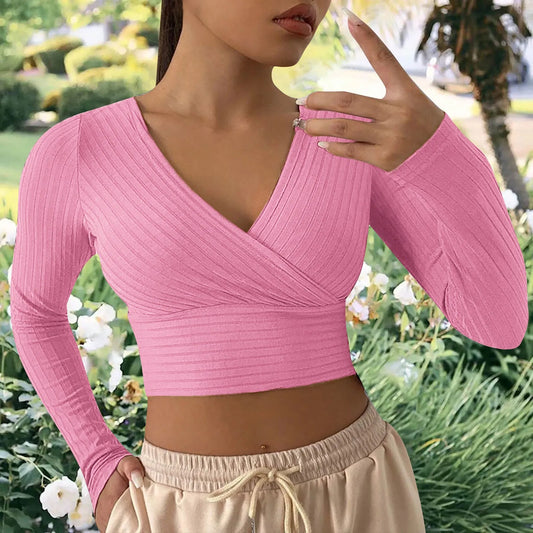 Sexy Cross Wrap V Neck Ribbed Knit T Shirt Women's Crop Tops Sexy Slim Fit Solid Spring Fall Long Sleeve Y2k Clothes Pink Tops