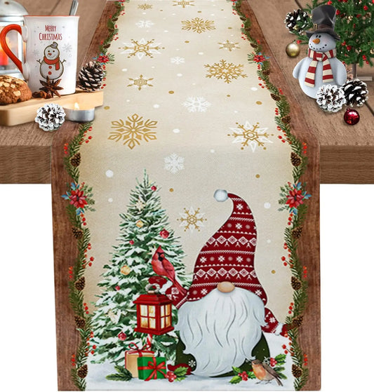 Christmas Tree Gnome Cardinal Golden Snowflake Linen Table Runner Dresser Scarf Winter Xmas Party Decor Navidad Decorations 2025