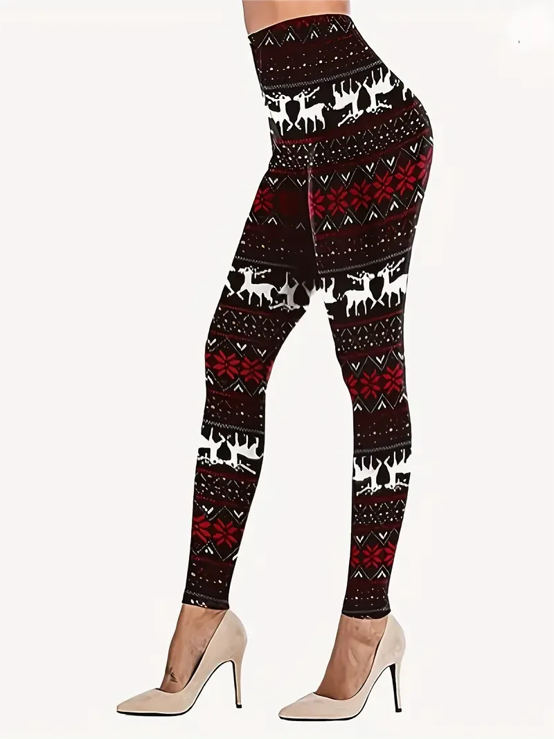 Christmas Elk & Snowflake Print Skinny Leggings  Vintage High Waist Stretchy Leggings Women's Clothing