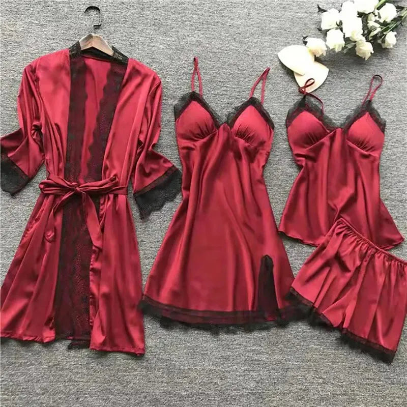 4PCS Sleepwear Pajamas Set Silk Women Nightdress Lace Dress Robe Sleep Nightwear Silk Solid Color Pijama Sets