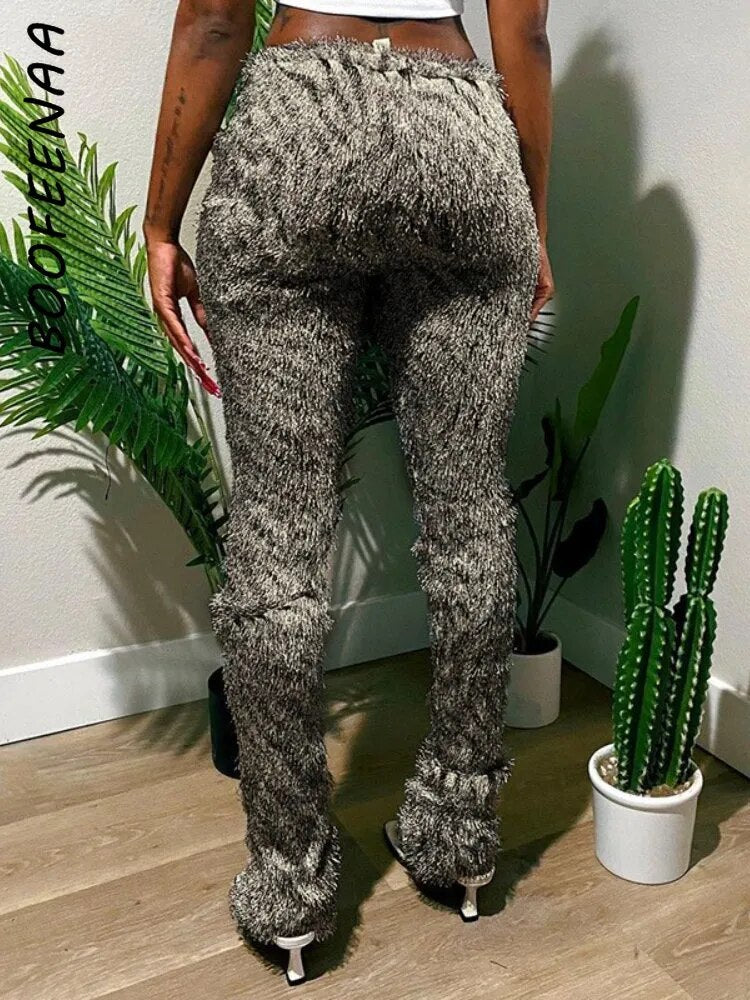 BOOFEENAA Zebra Striped Knitted Furry High Waist Pants for Women Bottoms Streetwear Fall Winter Fashion Sexy Trousers C66-CC17