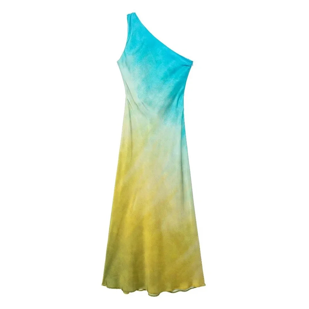 Gradient Long Dress Women Elegant One Shoulder Sleeveless Party Dress Female 2024 Summer Backless Tie-dye Lady Mermaid Robe