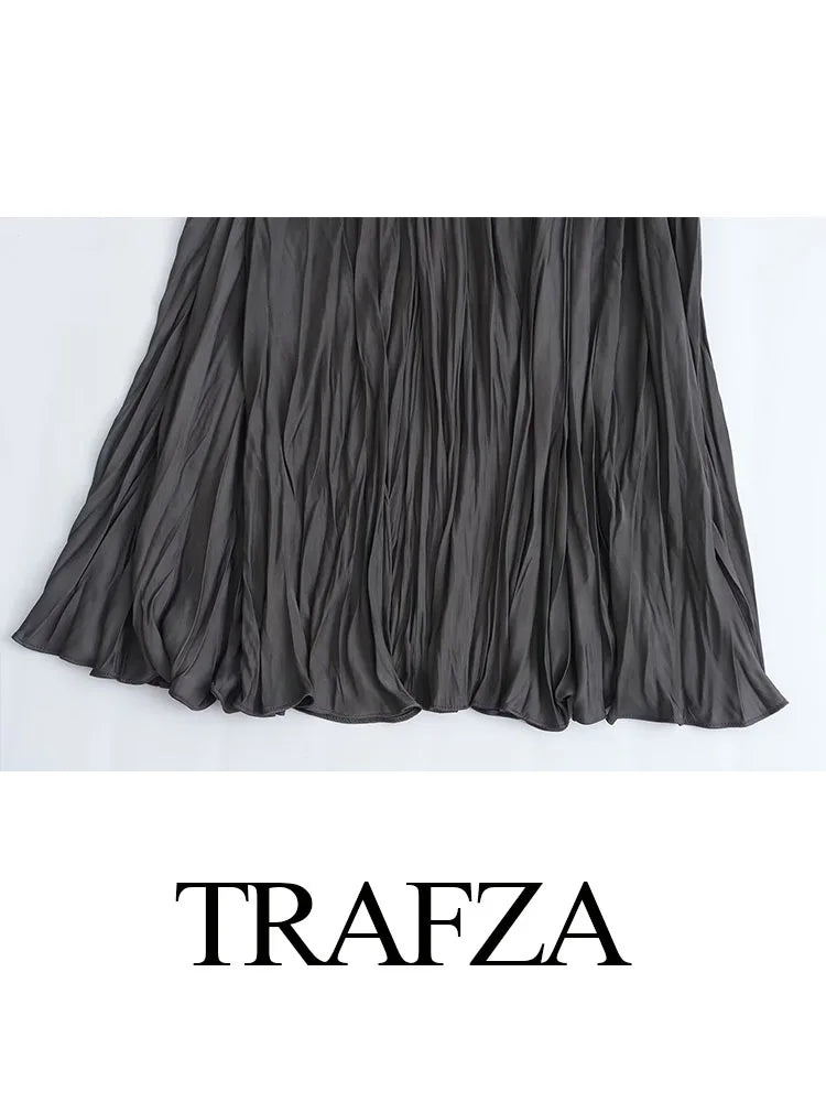 TRAFZA 2024 Summer Elegant Long Skirts Women's Trendy Solid Color Folds Elastic Waist Female New Fashion Casual Loose Skirts