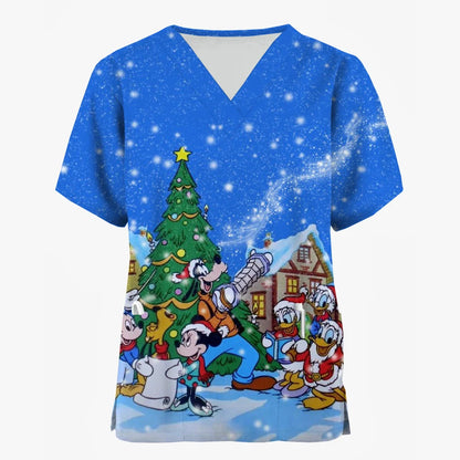 Disney Mickey Mouse Minnie print Christmas Scrub Tops Women Dentist Work Uniform Nurse Scrub Uniforms Medicals Dental Hospital