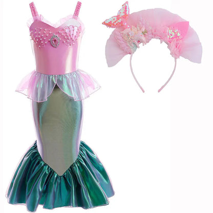 Disney Halloween Festival Mermaid Ariel Cosplay Dress for Girl Christmas Carnival Pink Pearl Inlay Clothing Ball Gown Dress Suit