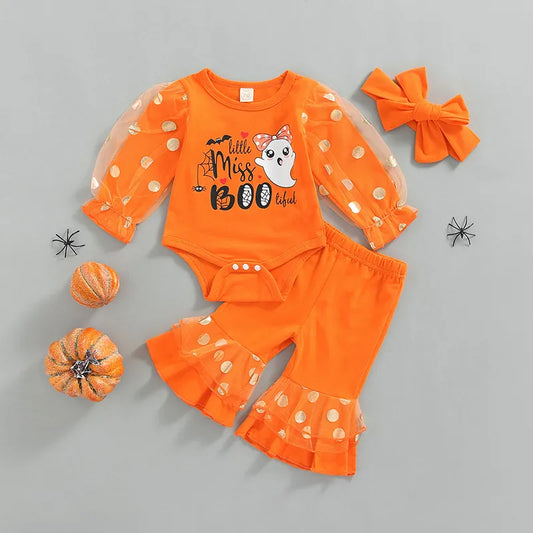 Newborn Baby Girl Halloween Outfit Mesh Puff Sleeve Romper Ruffles Bell Bottom Pants Set with Headband Clothes