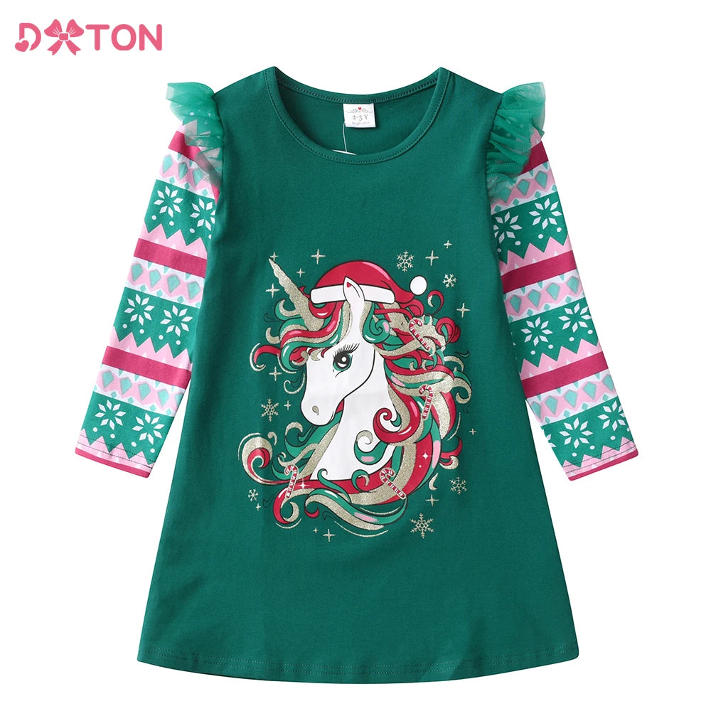 DXTON Girls Unicorn Cartoon Print Cotton Casual Straight Dress Kids Green Christmas Snowflakes New Year Gift Party Dresses