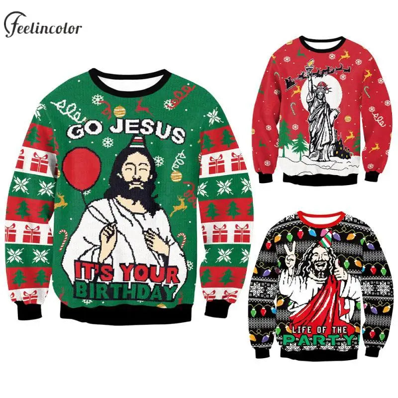 Go Jesus Your Birthday Ugly Christmas Sweatshirt for Men Holiday Party Pullover Autumn Loose Casual Hoodies Couples Clothes