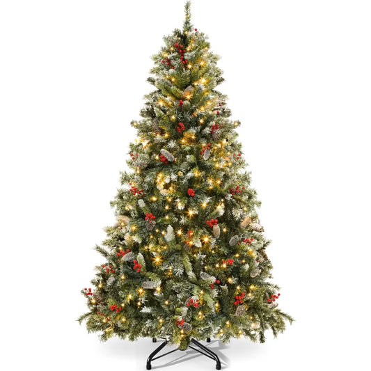 Christmas 6FT Christmas Tree, 818 Plush Frosted Tips, 250 Lights, 58 Pine Cones and 58 Red Berries, Suitable for Holiday Parties