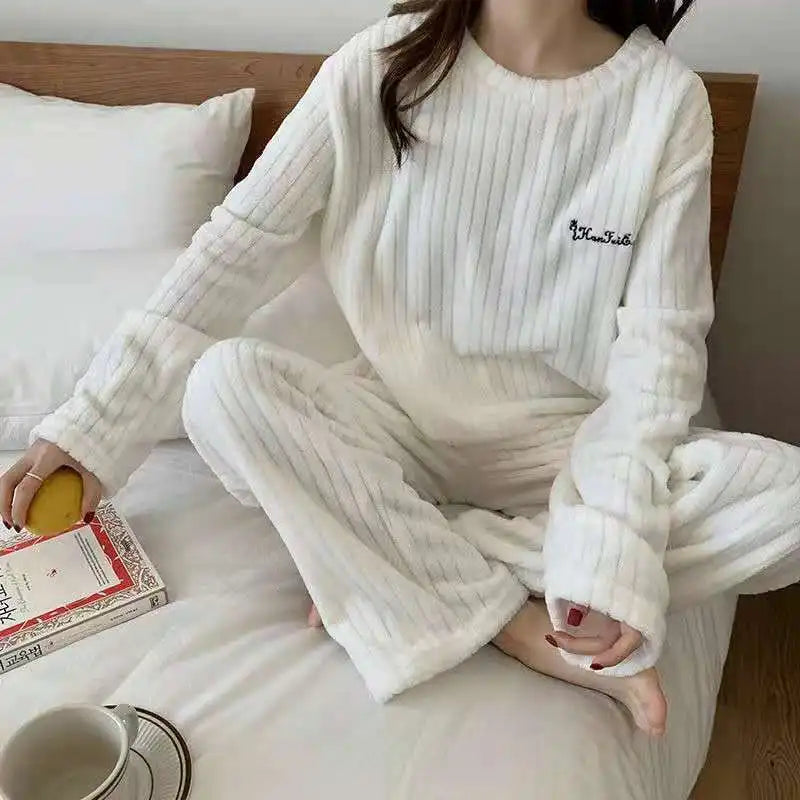 Autumn Women Solid Warm 2 Piece Sets Thicken Velvet Ribbed Fleece Set Pullover And Pants Women Casual Pajama Sets 2023