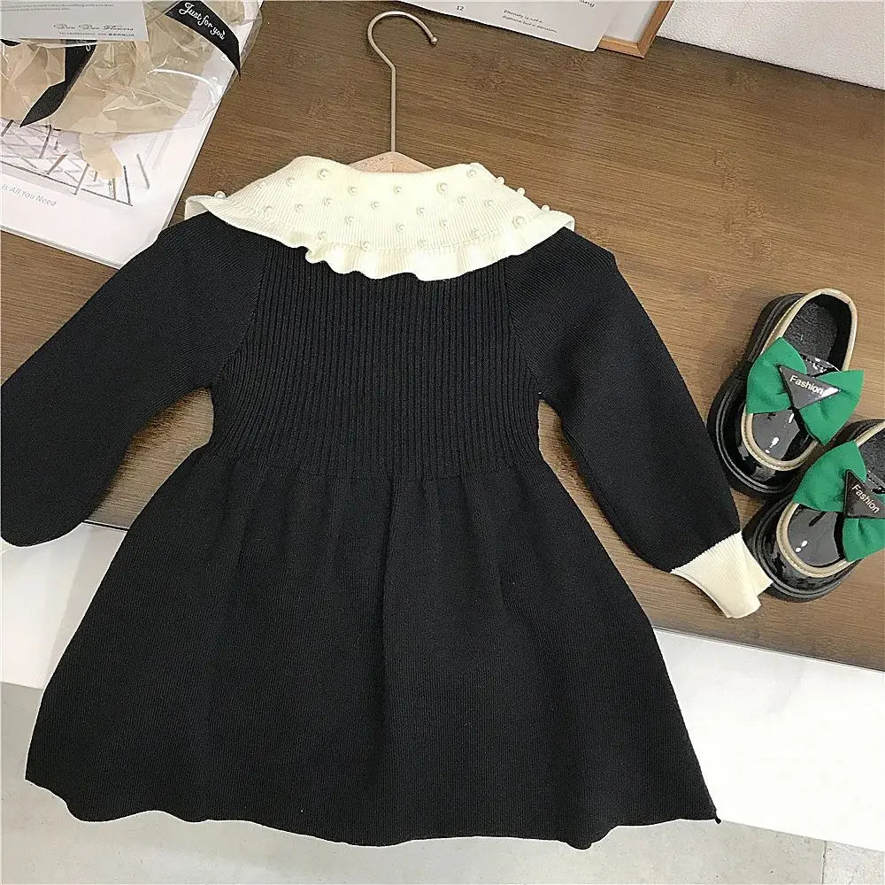 Girls Sweater Dresses Autumn Winter Kids Merry Christmas Pearl Beading Peter Pan Collar Long Sleeve Red Knitted Sweaters Dress