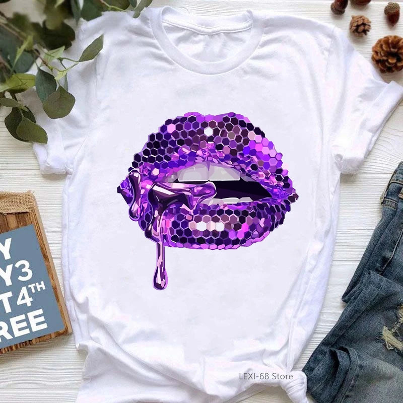 Pink Glitter Lips Graphic Print Tshirt Women'S Clothing Luxurious Makeup T Shirt Haut Femme Aesthetic Clothes T-Shirt Wholesale