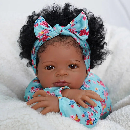 MRB 50CM African American Reborn Baby Doll Lanny Dark Skin Girl Cuddly Doll Lovely Black Girl Collectible Art Christmas Doll