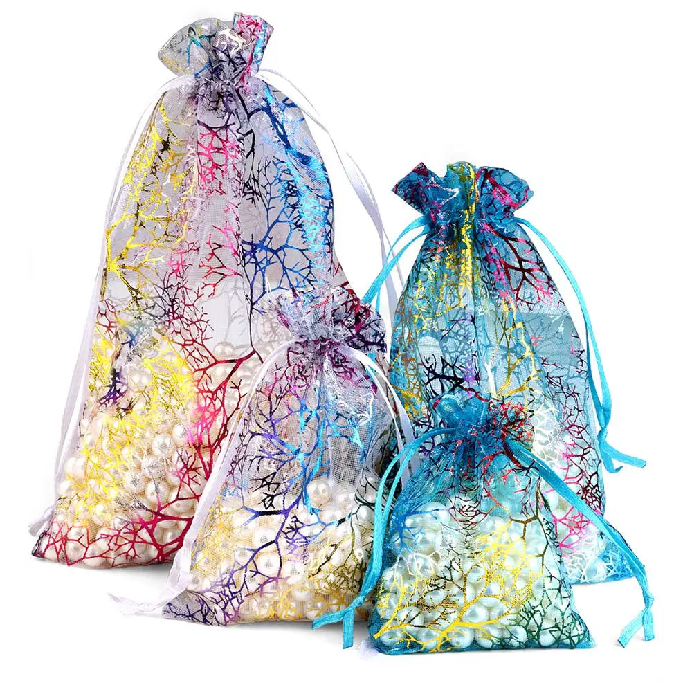 50pcs/Lot Drawable Colorful Tree Organza Packaging Bags 7x9cm 9x12cm 10x15cm 13x18cm Wedding Christmas Gift Jewelry Pouches