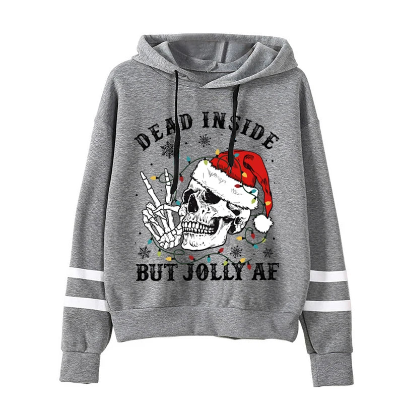 Oversized Hoodie Dead Inside But Jolly Af Christmas Skeleton with Xmas Lights Print Women Hoodies Vintage Aesthetic Sweatshirts