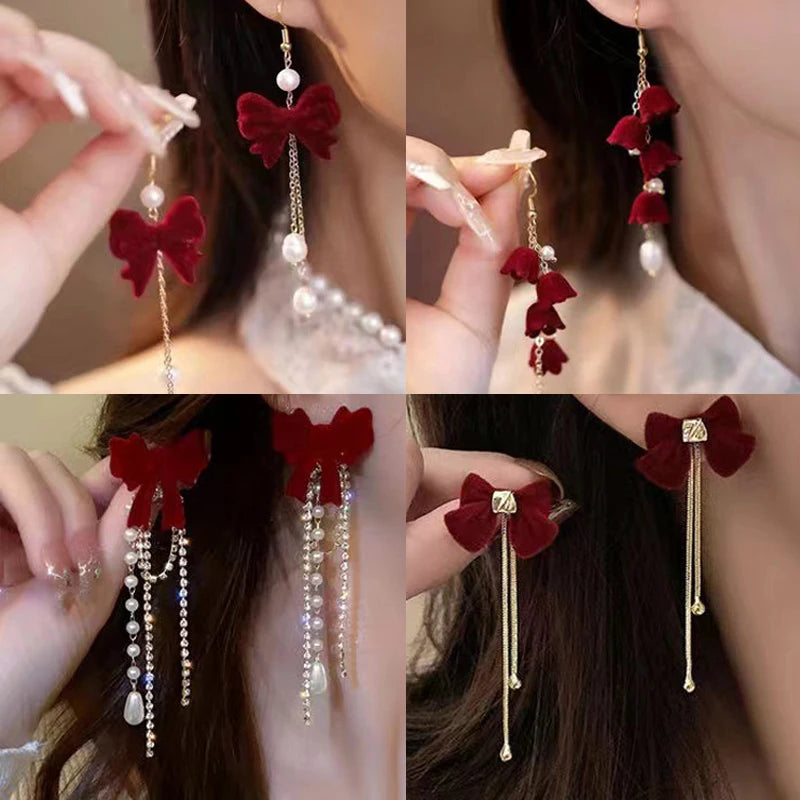 Fashion Christmas Flocking Drop Earrings Bowknot Stud Earrings For Women Girls Fashion New Year Jewelry Ear Accessories