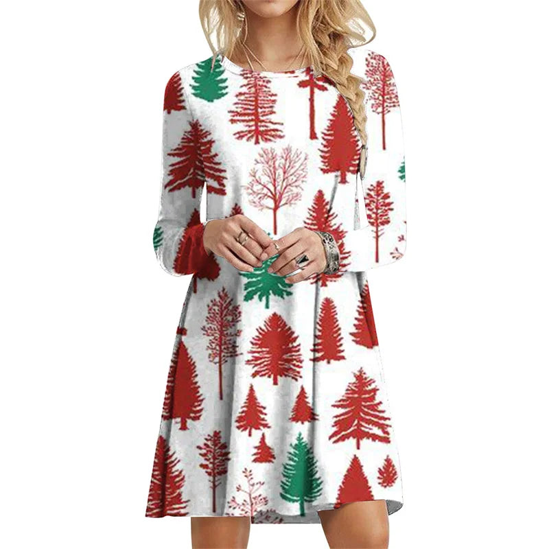 Winter Party Christmas Tree Dress Elegant Women X-Mas Snowflake Print A-Line Dress Autumn Casual Long Sleeve Oversized Clothing