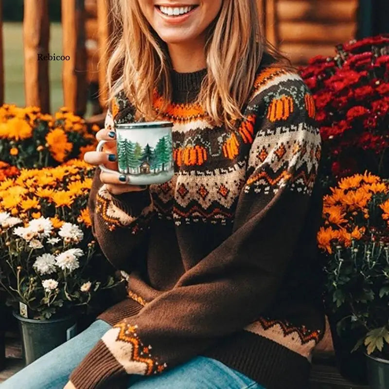 Boho Pumpkin Knitted Pullovers Women Christmas Ladies Ethnic Warm Sweaters Female Loose 2021 Autumn Winter New Fashion