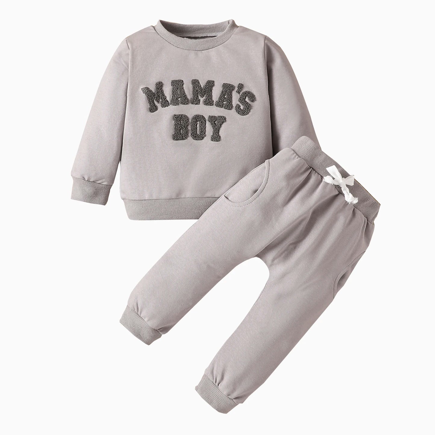 Autumn & Winter Newborn Baby ‘MAMA'S BOY’ Letter Embroidered Long Sleeved Pants Two-Piece Set