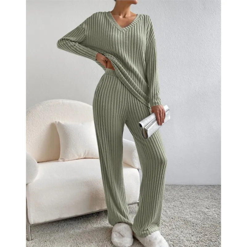 Women's Pajamas Home Wear Autumn Winter Casual Straight Pants Rib Pullover Sleepwear Loose V Neck Knitted Two Piece Loungewear