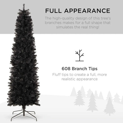 6ft Black Artificial Holiday Christmas Pencil Tree for Home, Office, Party Decoration w/ 608 Tips, Metal Hinges & Base