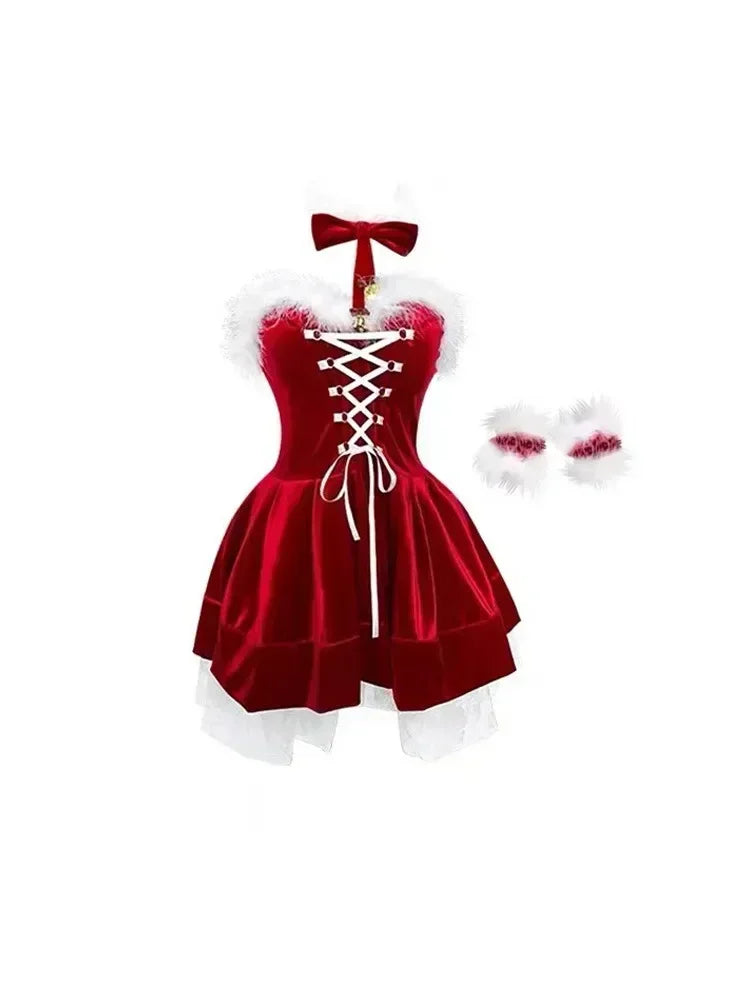 Sweet Christmas Red Mini Dress Women Fashion Lace Plush Patchwork Slim Party Dresses Autumn Winter Female New Year Sexy Clothes