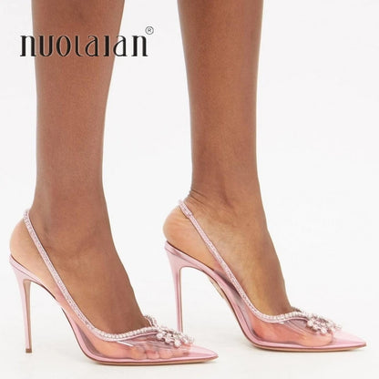 Fashion Slingback Crystal Women Pumps Wedding Shoes Clear PVC Sexy High heels Sandals Summer Elegant Party Bridal Shoes Woman