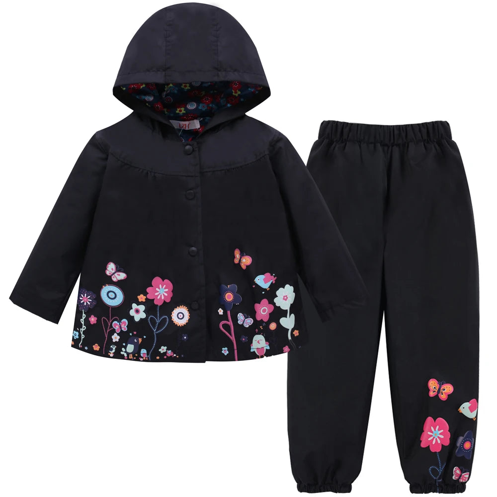 Autumn Spring Children Waterproof Long Sleeve Coat+Pants 2pcs Flower Print Baby Girls Clothes Toddler Boys Children Sets Costume