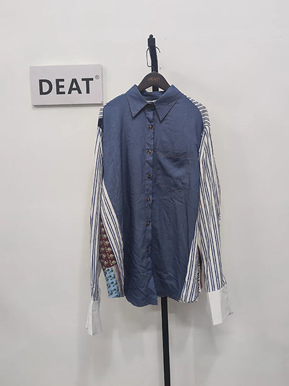 DEAT Women's Shirt Lapel Patchwork Denim Striped Printed Long Sleeve Single Breasted Loose Blouse 2024 Summer New Fashion 29L903