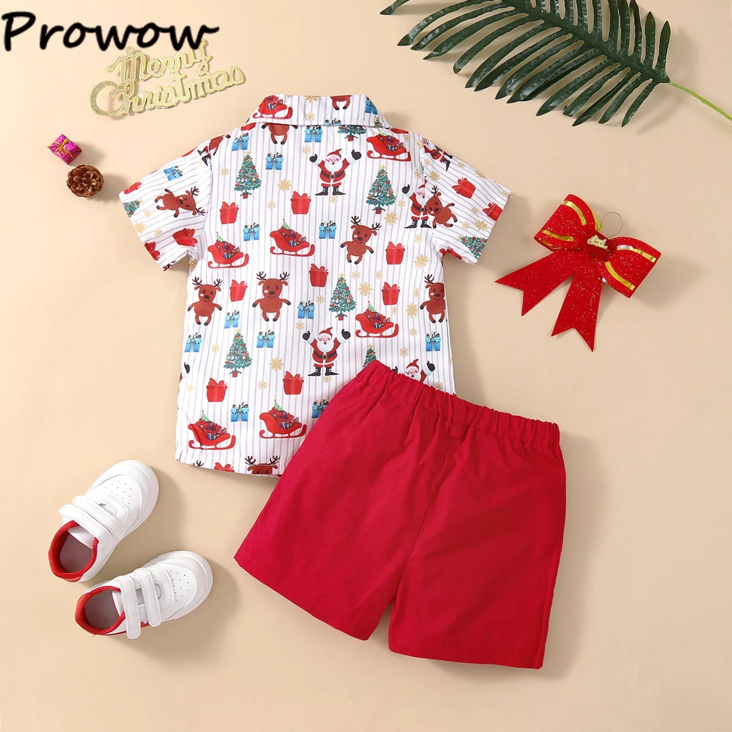 Toddler Boys Christmas Outfits Gentleman Sets For Kids Short Sleeve Deer Shirt and Red Shorts New Year Costume For Children Baby