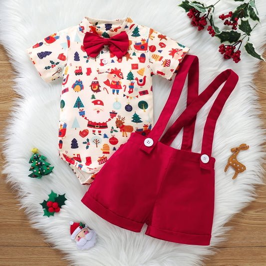 Christmas Suit Infant Bow Short Sleeve Polo Romper + Brace Set Newborn Baby Girl Boy Clothes