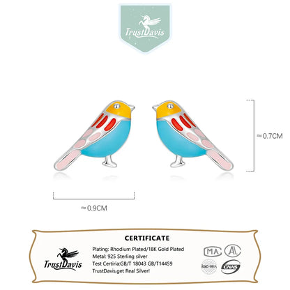 Trustdavis 100% 925 Sterling Silver Women's Jewelry Fashion Cute Color Birds Stud Earrings For Women Daughter Girls Gift DA303