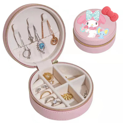 Sanrios Cinnamoroll Kuromi Mymelody round Jewelry Storage Box PU Leather Earrings Necklace Ring Jewelry Organizer Container Gift