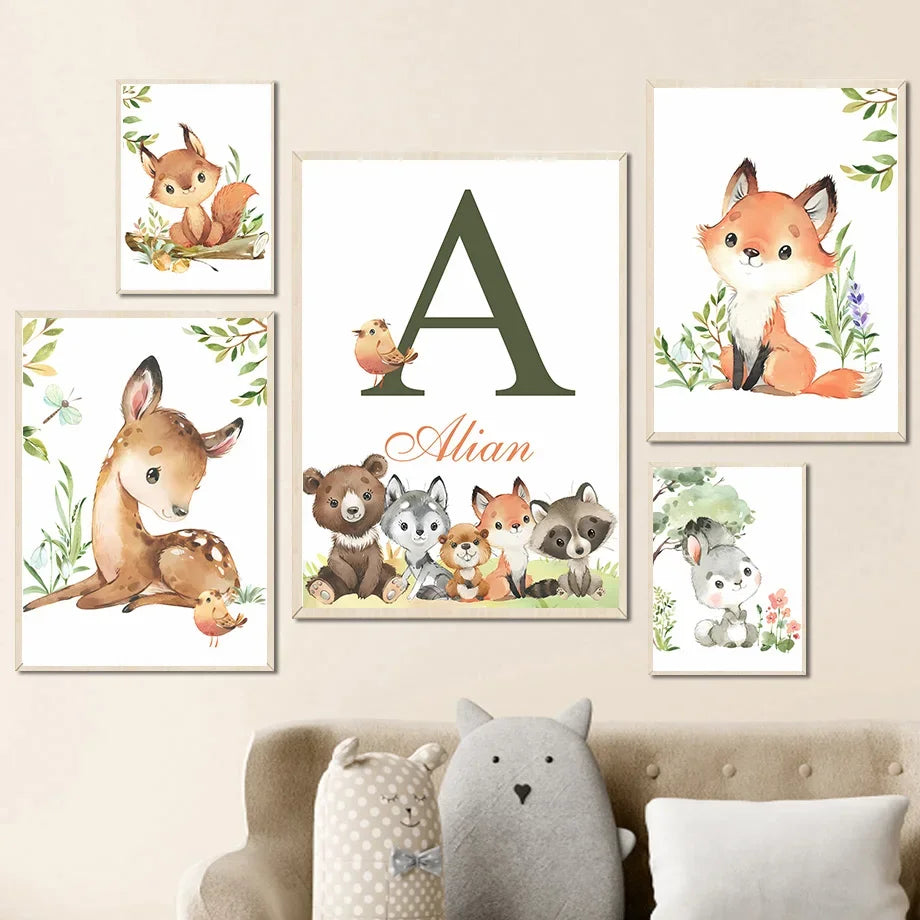 Woodland Nursery Prints Forest Animal Deer Rabbit Bear Fox Custom Wall Art Canvas Painting Poster Wall Pictures Kids Room Decor