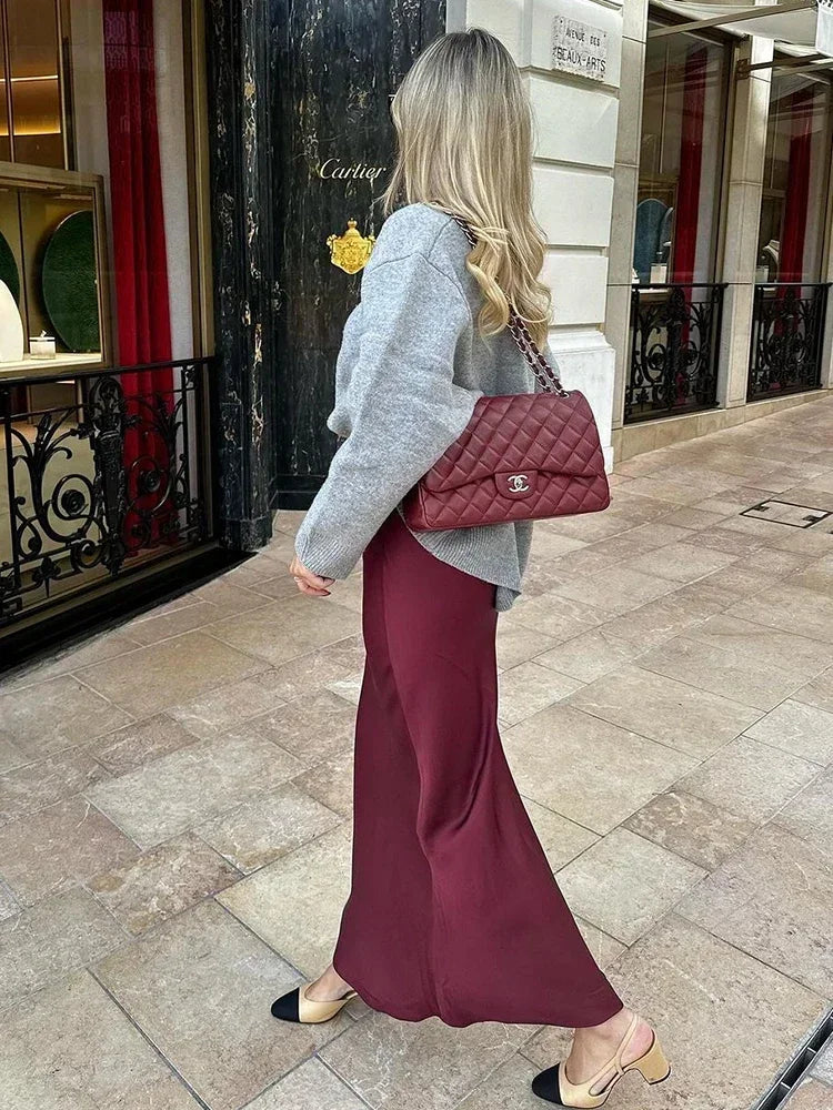 Foridol Autumn Winter Burgundy Satin Skirt Women Party Silk Skirt High Waist Straight Long Faldas Mujer Christmas Skirt