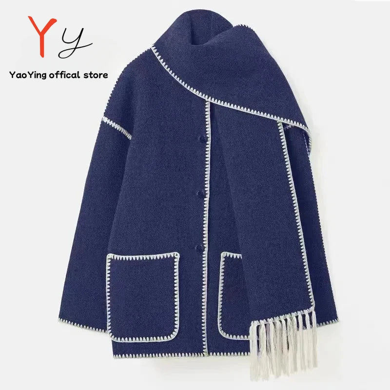 2024 Autumn Winter Women's Double Pocket Fashionable Collar Single Breasted Wool Coat Thick Loose Casual Straw Scarf Tassel Top