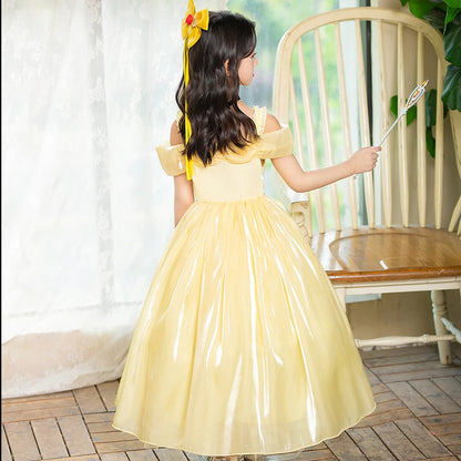 Halloween Girls Princess Belle Dress Up Evening Party Yellow Shoulderless Elegant Long Dresses Beauty Beast Fairy Costume Wig