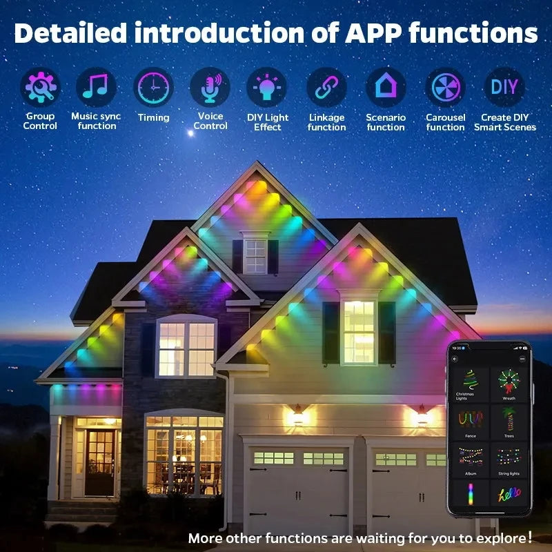 RGB Eaves Lights 30M Permanent Outdoor LED Light String Strip APP Smart DlY Auto Scene Lighting Effects Christmas Holidays Decor