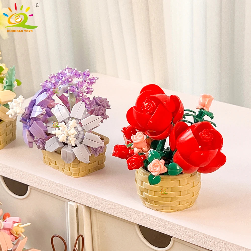 HUIQIBAO Eternal Flower Model Bouquet Potted Plant Micro Building Blocks MOC DIY Home Desk Decoration Brick Toy For Children