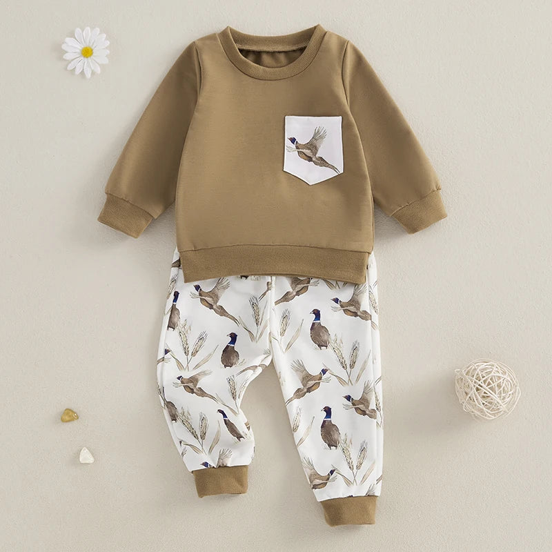 2024-08-19 Lioraitiin Baby Boy Girl Outfits Wild Goose Print Pullover Sweatshirt Elastic Waist Pants with Pockets Clothes Set