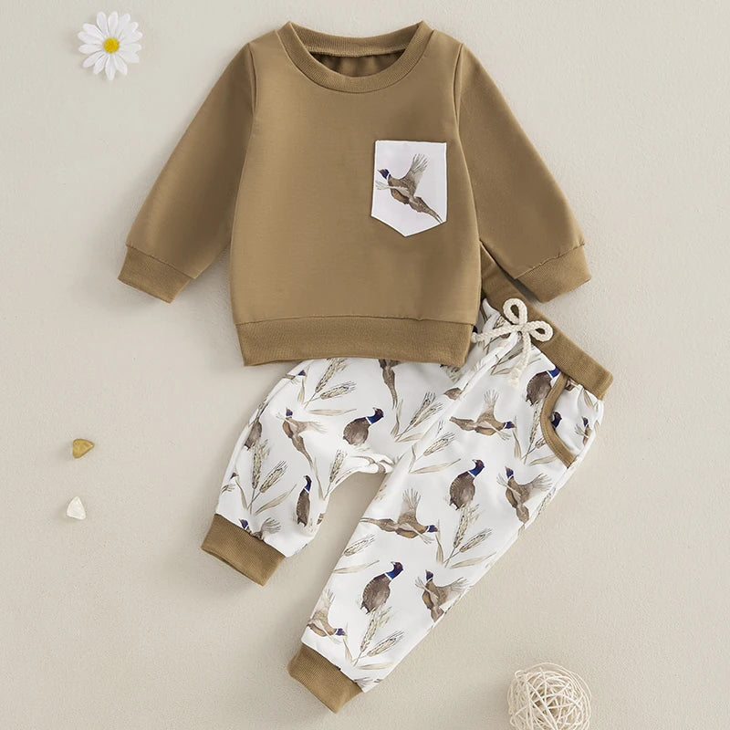 2024-08-19 Lioraitiin Baby Boy Girl Outfits Wild Goose Print Pullover Sweatshirt Elastic Waist Pants with Pockets Clothes Set