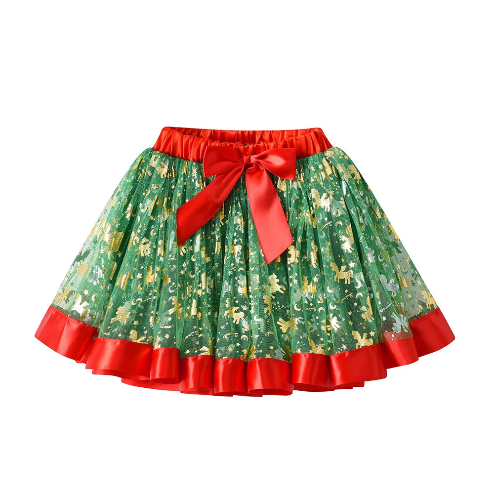 DXTON Girls Christmas Skirt Tutu Mesh Tulle Party Princess Skirt Children Red Mini Skirt With Bow Knot Kids Outfit New Year Gift