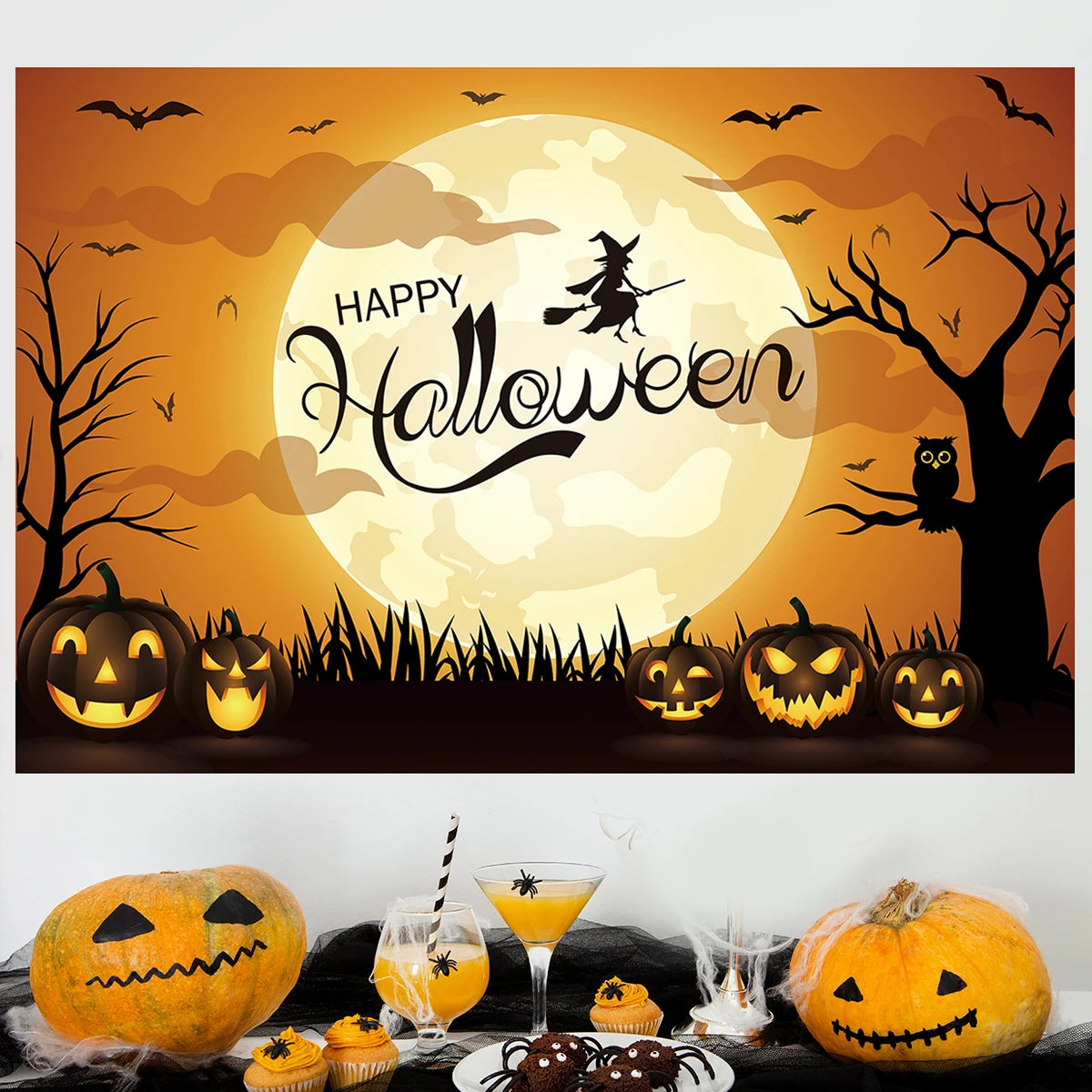 Happy Halloween Banner Bloody Bat Pumpkin Ghost Print Party Backdrop Hanging Banner Halloween Party Decoration For Home