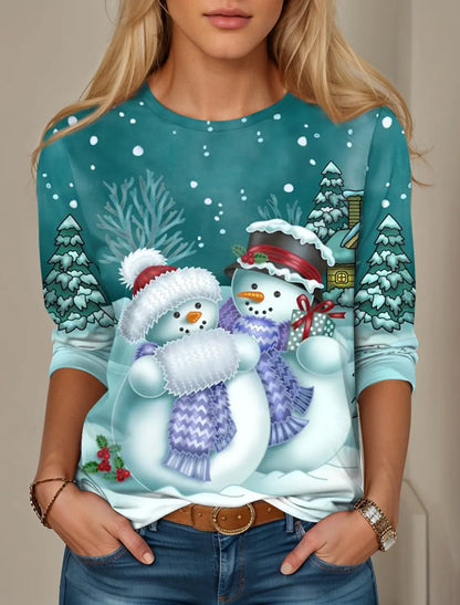 Christmas women's round neck sweatshirt snowman print long sleeve Christmas weekend holiday round neck regular spring and autumn