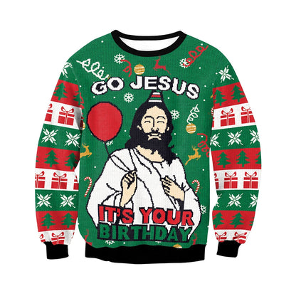 Go Jesus Your Birthday Ugly Christmas Sweatshirt for Men Holiday Party Pullover Autumn Loose Casual Hoodies Couples Clothes