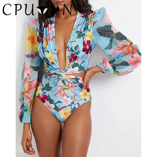 CPUTAN 2024 Sexy Floral One Piece Swimsuit Summer Women Long Sleeve Deep V Swimwear Beachwear Print Surf Monokini Bathing Suit